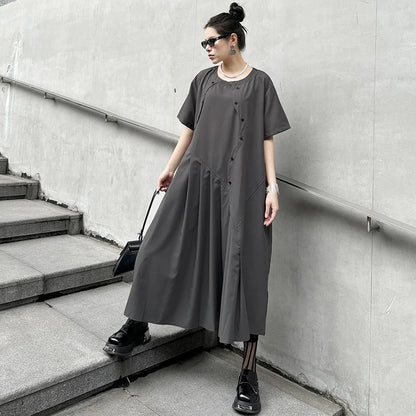 XITAO Asymmetrical Pleated Dress Loose Fashion Solid Color Splicing Short Sleeve Dress Summer Casual New Loose Women HQQ2310