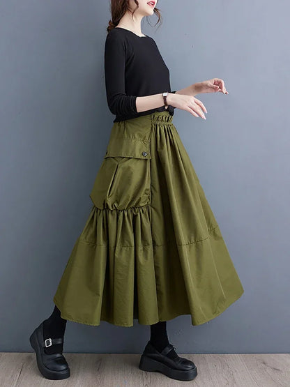 XITAO Personality Folds Patchwork Pocket Skirt Solid Color All-match Women Spring New Arrival Trend Street Wind Skirt LYD1228