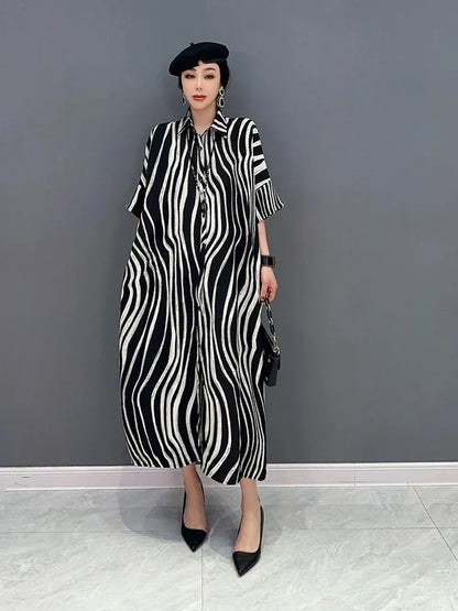 XIATO Striped Patchwork Single Breasted Dress Turn-down Collar Loose 2024 Summer New Arrival Casual Fashion All Match SMH1508