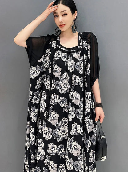 XITAO Print Square Collar Patchwork A-line Dress Short Sleeve Fashion Loose Temperament Women 2024 Street Trendy Dress DMJ4078