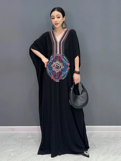 XITAO Embroidery Striped Batwing Sleeve Dresses V-neck Patchwork Loose Floor-length Fashion Dress Summer Casual New ZY8773