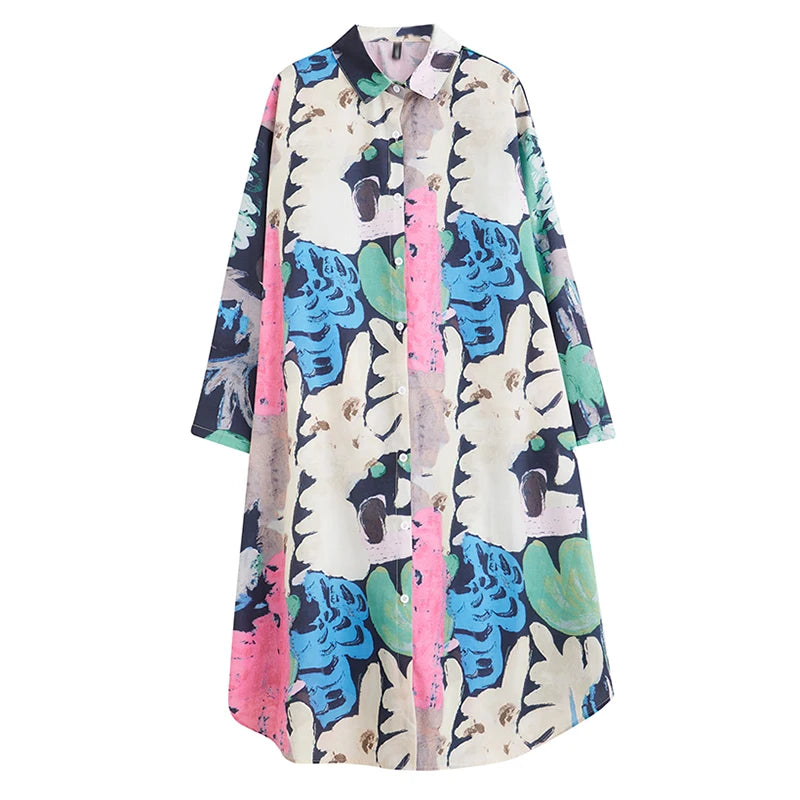 XITAO Loose Vintage Print Female Shirt Dress Casual Long Sleeve Women Autumn New Simplicity All-match Asymmetric Dress HJF8189