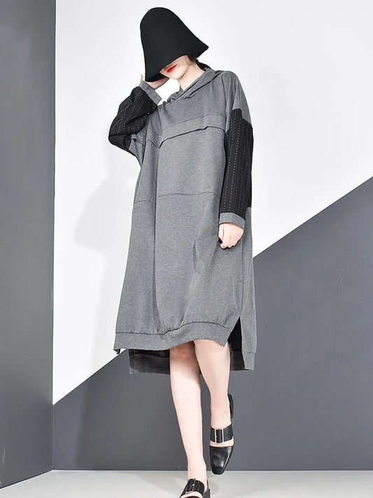 XITAO Plus Size Patchwork Hit Color Elegant Dress Women Clothes 2024 Spring New Fashion Hooded Collar Match All Dress LJT3519