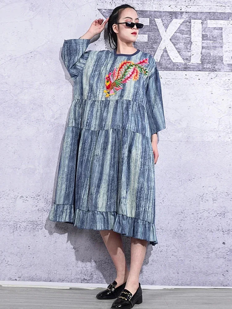 XITAO Embroidery Dress Fashion New Women Pleated Pullover Goddess Fan Casual Style Loose Summer Dress DMY3141