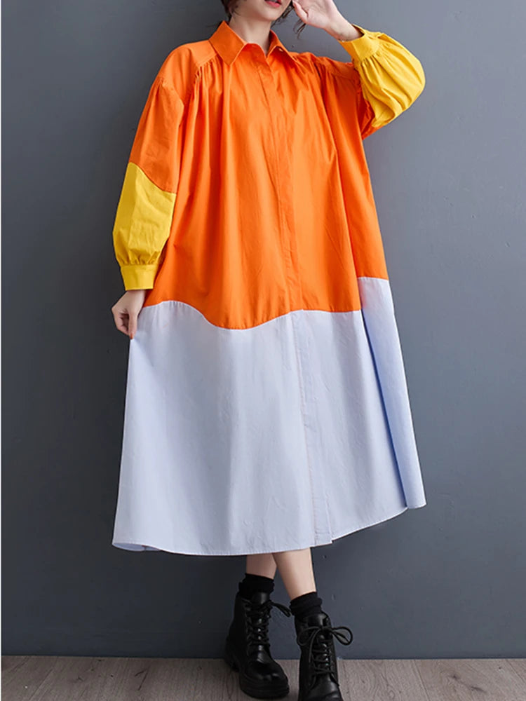 XITAO Patchwork Contrast Color A-line Dress Pleated Lantern Sleeve Casual Single Breasted Spring Women New Dress DMJ3851