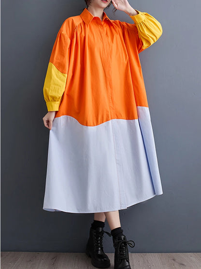 XITAO Patchwork Contrast Color A-line Dress Pleated Lantern Sleeve Casual Single Breasted Spring Women New Dress DMJ3851