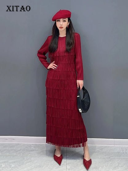 XITAO Elegant Tassel Female Dress Solid Color Casual O-Collar Full Sleeve Temperament Loose Spring Fashion Women Dress LYD1608