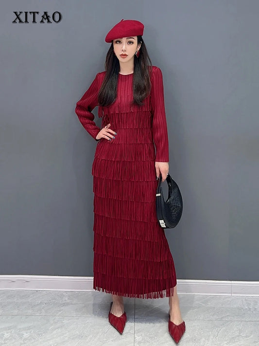 XITAO Elegant Tassel Female Dress Solid Color Casual O-Collar Full Sleeve Temperament Loose Spring Fashion Women Dress LYD1608