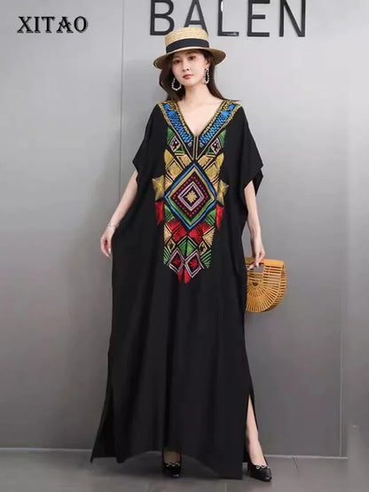 XITAO Embroidery Patchwork V-neck Side Split Dress Contrast Color Loose Ankle-Length Slimming Fashion All Match Casual GMM1240