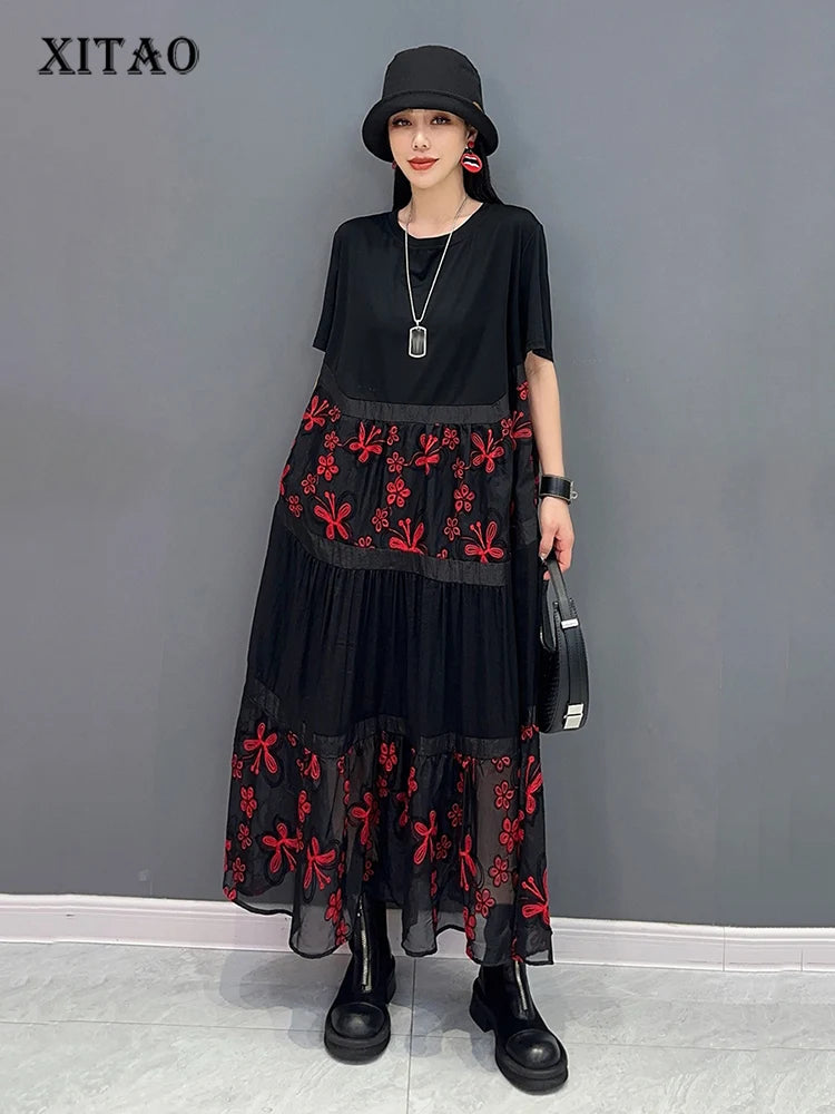 XITAO Lace Embroidery Female Patchwork Dress Fashion Contrast Color Casual Shirt T-shirt Dress 2024 Summer New Women ZY8747