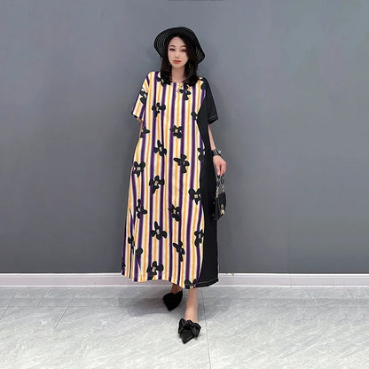 XITAO Fashion Striped Print Dress Loose Casual Simplicity Contrast Color Women T-shirt Dress Temperament Summer New ZY7275