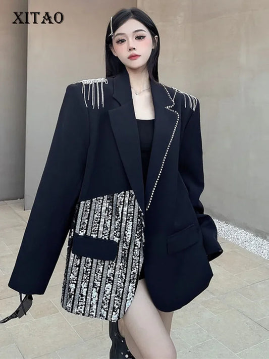 XITAO Fashion Solid Color Casual Single Button Coat Loose Fit Full Sleeve Sequined Black Series Autumn Female Blazer ZYY1048