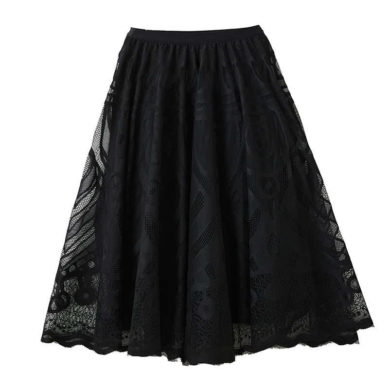 XITAO Black Lace Loose Female Skirts Casual 2024 Autumn A-line Elastic Waist Female All Match Ankle Length Skirt GYX1077