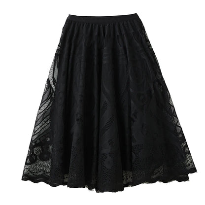 XITAO Black Lace Loose Female Skirts Casual 2024 Autumn A-line Elastic Waist Female All Match Ankle Length Skirt GYX1077