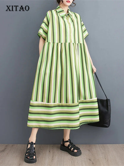 XITAO Striped Dress Fashion Women New Pullover Goddess Fan Casual Style 2024 Summer Minority Loose Elegant Dress WLD11315