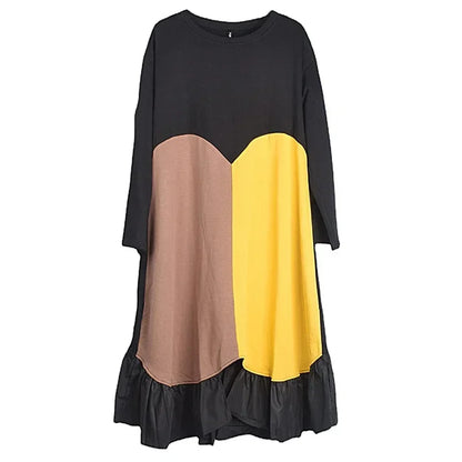 XITAO Loose Casual Dress Full Sleeve Asymmetrical Patchwork Fashion Contrast Color Women New All-match Dress DMJ2787