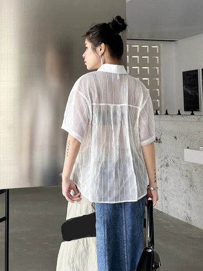 XITAO Striped Gauze Shirt Solid Color Perspective Short Sleeve Women Irregular Top Summer Personality New Shirt ZY8868