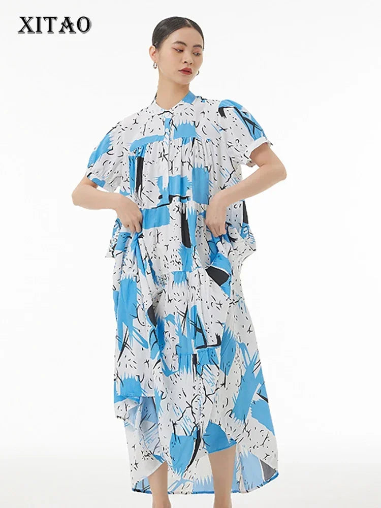 XITAO Print Pullover Loose Dress Folds Stand Collar Patchwork Summer New Arrival Casual Show Thin All Match WLD11676