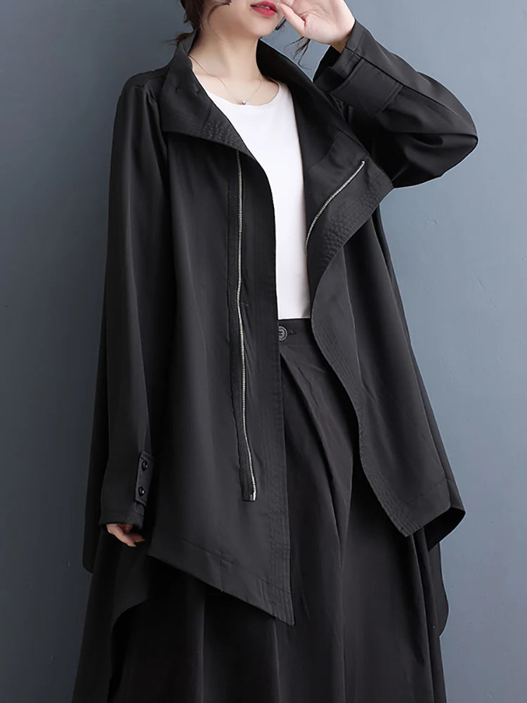 XITAO Stand Collar Zipper Patchwork Jackets Asymmetrical Solid Color Long Sleeve Loose All Match Coat 2024 Autumn New DMJ4192