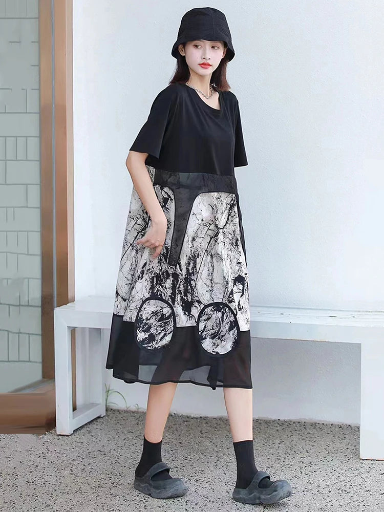 XITAO O-neck Patchwork Print Dress Temperament Elegant Goddess Style Women Summer New Simplicity Irregular Dress GJ1021