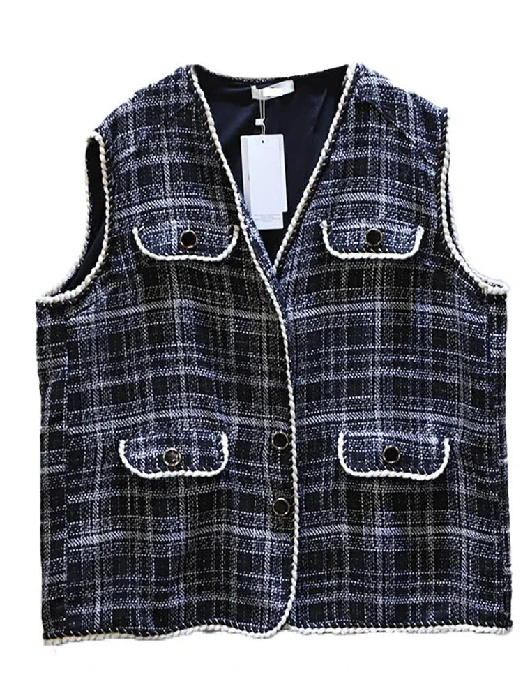 XITAO Plaid Vest Fashion New Women Single Breast Pocket 2024 Spring Sleeveless Small Fresh Casual Style Minority Vest ZP3223