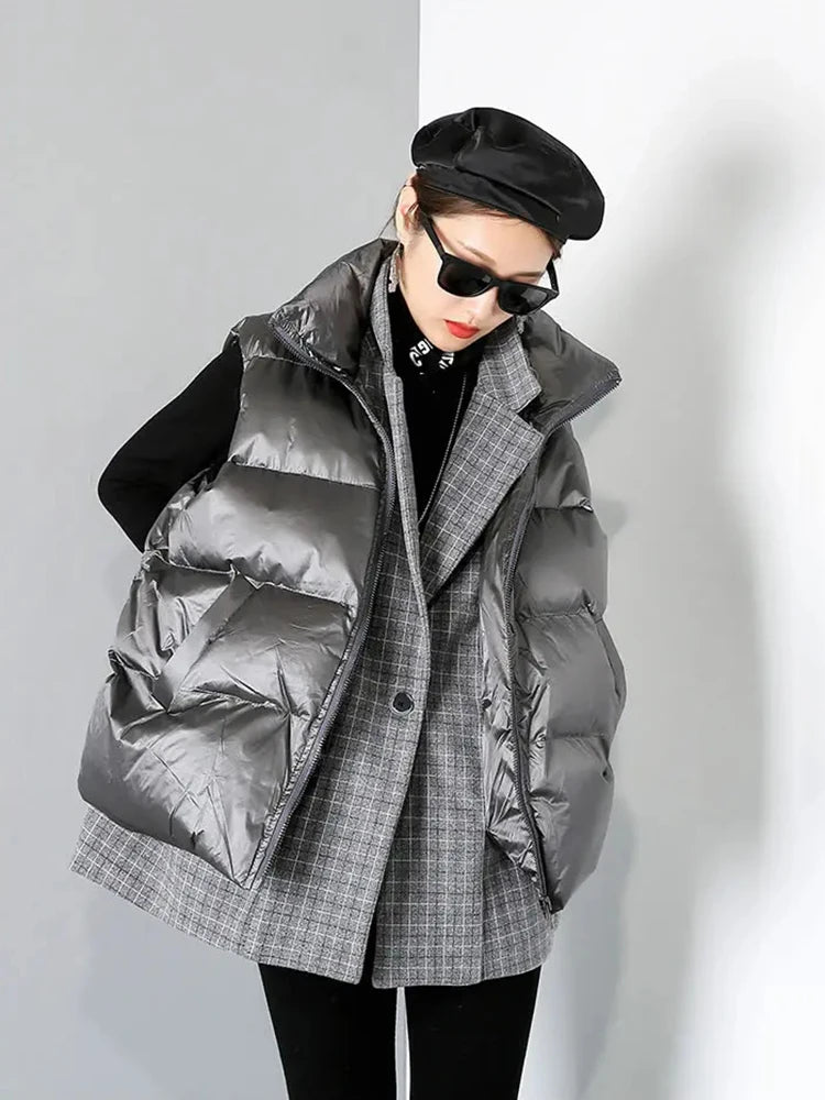 XITAO Splicing False Two Pieces Vest Thicken Keep Warm Women Winter New Double Layer Turn Down Collar Street Fashion ZY2409