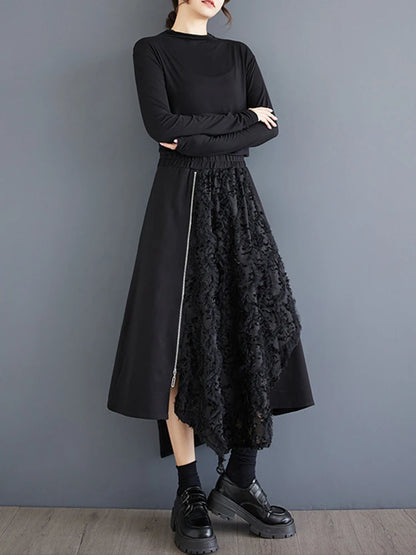 XITAO Korea Casual New Arrival A-line Women Skirt Loose Mid-calf Patchwork Black Autumn Design Female Skirt All Match GMM1007