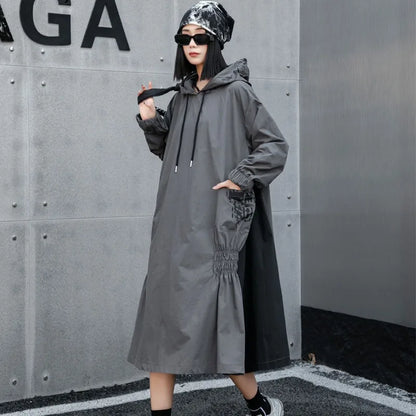 XITAO Loose Casual Pullover Mid-calf Women Dress Patchwork Hooded New Arrival Fold Fashion Long Sleeve A-line Dress ZYY1003