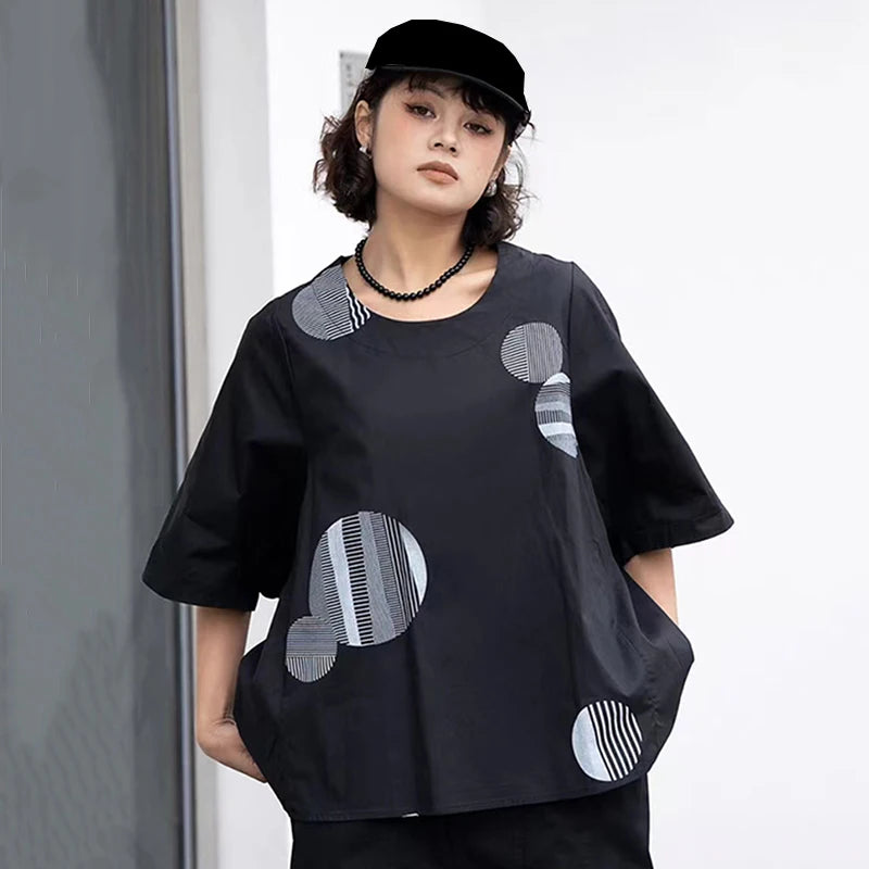 XITAO Loose Dot Print Shirt Personality Striped Casual All-match Women Summer New O-neck Short Sleeve Street Top GJ1006