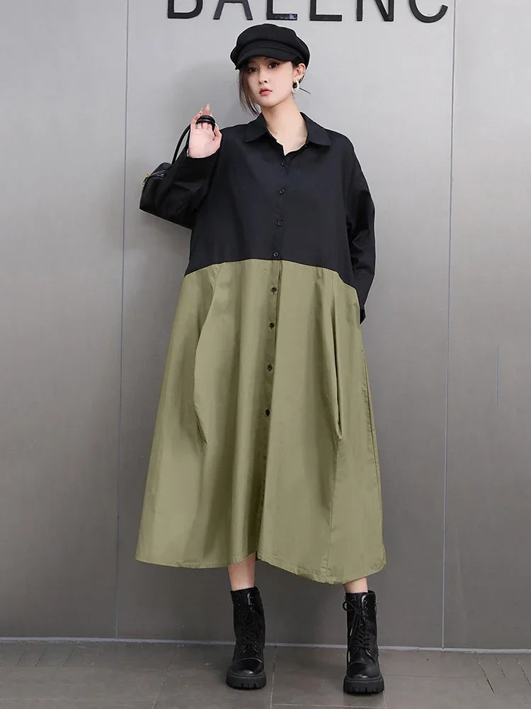 XITAO Patchwork Contrast Color Turn-down Collar A-line Dress Casual Solid Color Slimming Simplicity Autumn Women Dress GMM1127