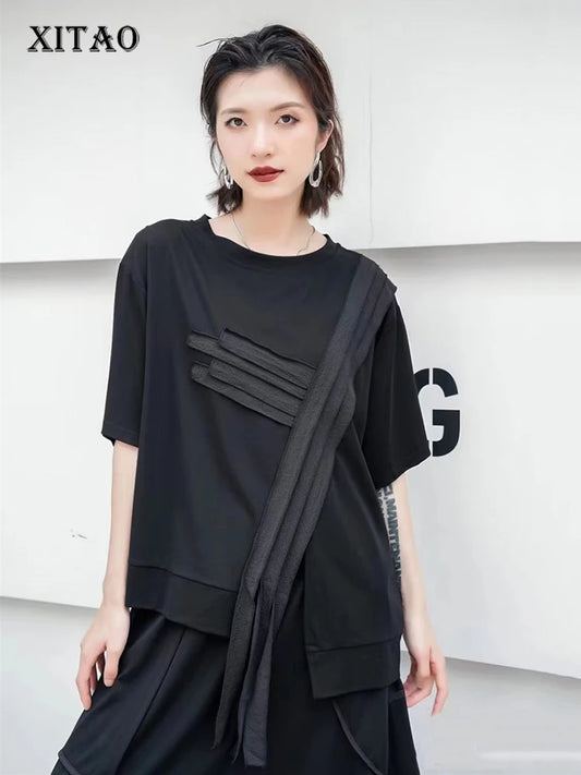 XITAO Asymmetrical Patchwork T-shirts Solid Color Short Sleeve O-neck Pullover Loose Casual Tops 2024 Summer Slimming GJ1031