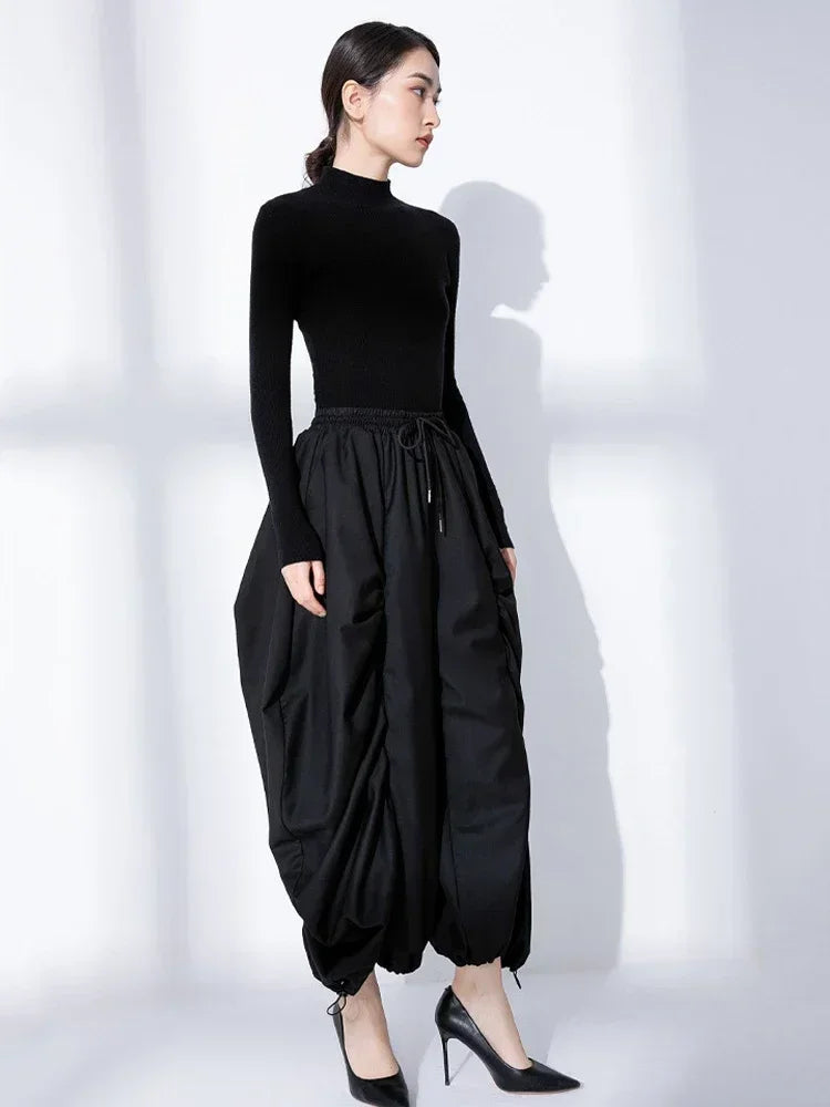 XITAO Folds Black Wide Leg Pants Fashion Personality Irregular Splicing Women Pants Spring New Street Trendy DMJ3090