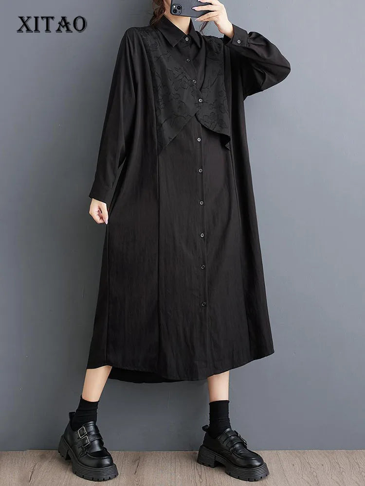 XITAO False Two Piece Causal Loose Dress Turn Down Collar Long Sleeve Patchwork Solid Color Simple Autumn Women Dress ZYY1052