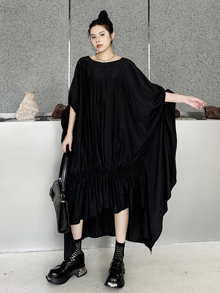 XITAO Black Irregular Batwing Sleeve Dress Loose Fashion Folds Patchwork Hem Summer New Personality Women WLD20226