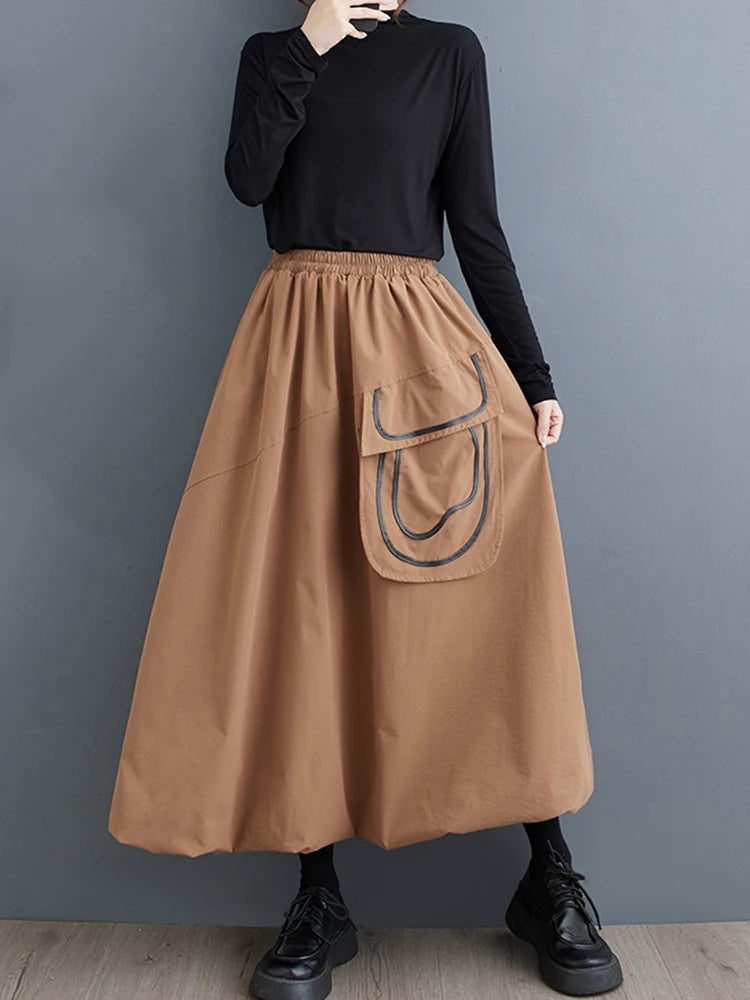 XITAO Patchwork Big Pocket Elastic Waist Female Skirt Loose Casual All-match Personality Autumn Women New Fashion Skirt ZY8893