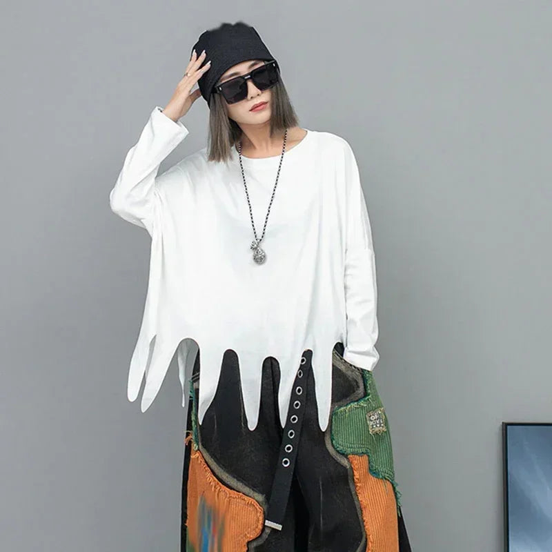 XITAO Fashion Irregular Hem T-shirt Solid White Casual Personality Loose Long Sleeve Women Top New DMJ2860