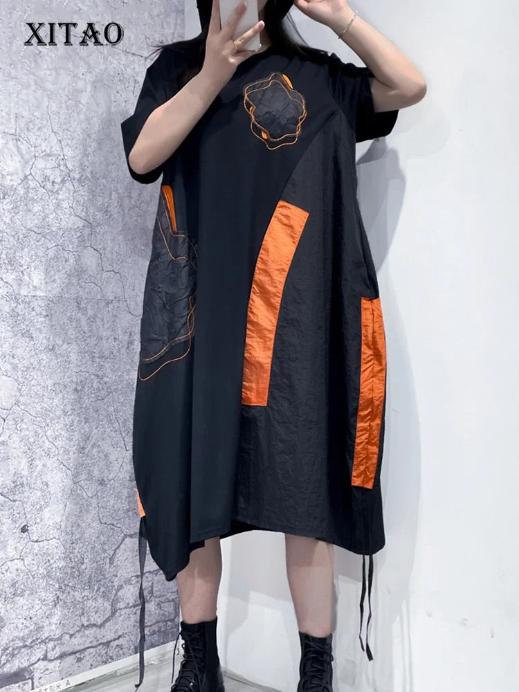 XITAO Casual Patchwork Print Dress Black 2024 Summer New Loose Fashion Temperament Korea Appear O-neck Pullover Dress WLD11248