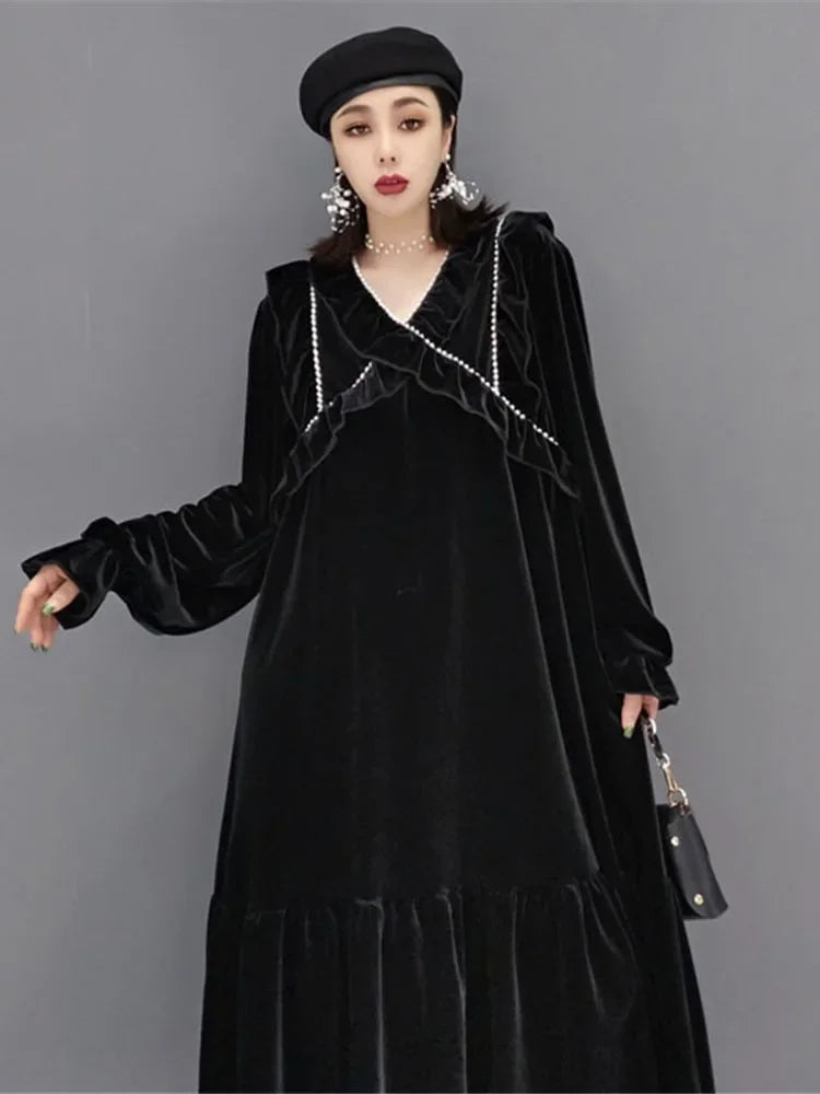 XITAO French Retro Dresses Fashion New Black Temperament V-neck Pullover Patchwork Edible Tree Fungus Loose Long Women WMD4344