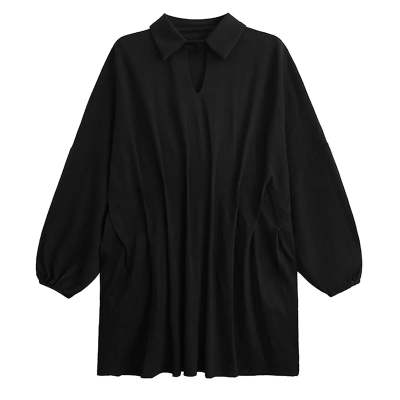 XITAO Hollow Out Batwing Sleeve Lapel Dress Casual Loose Fitting A-line Full Sleeve Elegant Turn-down Collar Women Dress GYX1700