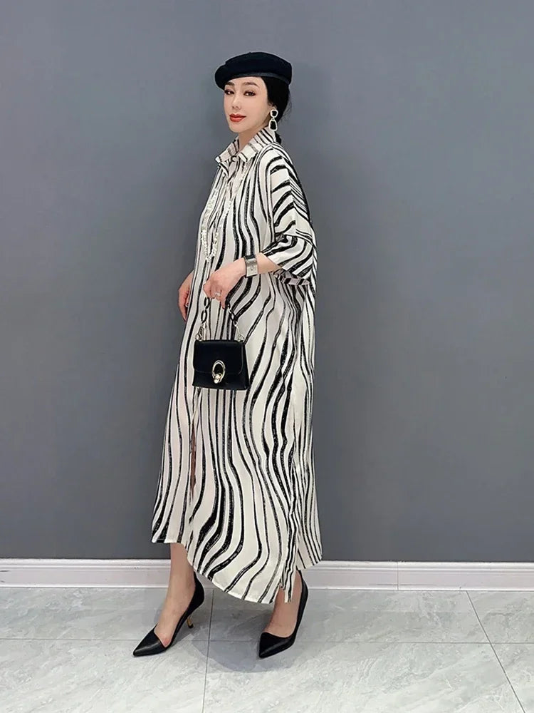 XIATO Striped Patchwork Single Breasted Dress Turn-down Collar Loose 2024 Summer New Arrival Casual Fashion All Match SMH1508