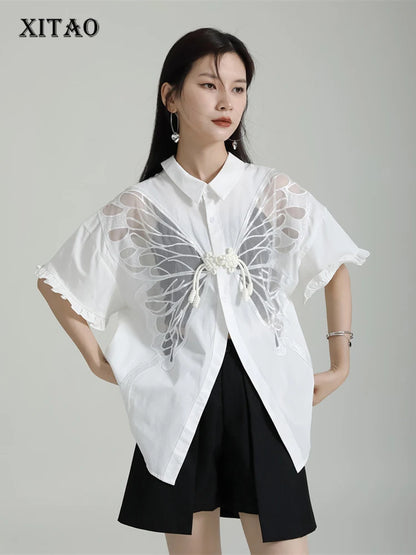 XITAO Solid Color Two Side Wear Shirt Hollow Out Perspective Butterfly Women Casual Shirt Fashion Turn Down Collar Top HJF4197