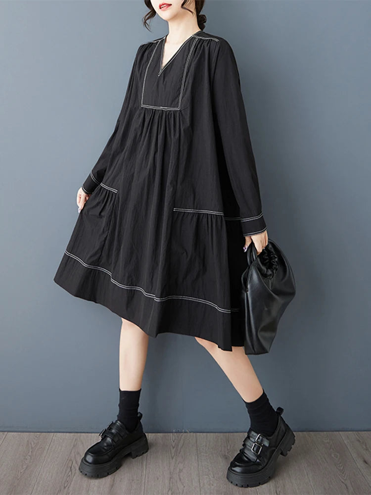 XITAO Patchwork Pleated V-neck Dress Full Sleeve Casual Solid Color A-line Fashion Sweet Slimming Spring Female Dress GYX1408