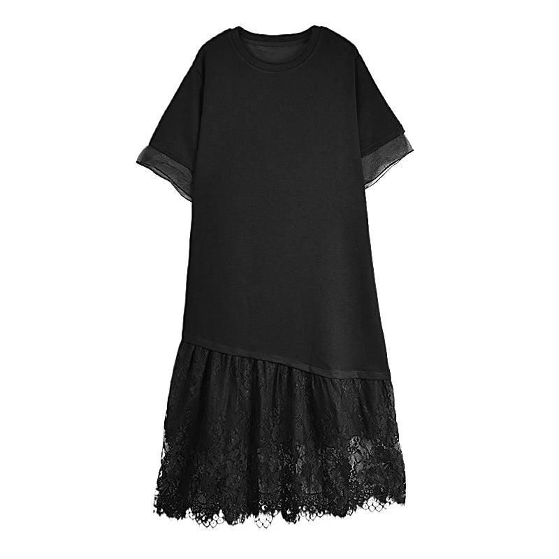 XITAO Black Casual Dress Loose Fashion Lace Patchwork Hem Loose Simplicity Women New Short Sleeve T-shirt Dress HQQ2330