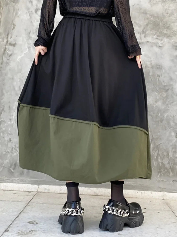 XITAO Solid Color Casual Loose Hong Kong Style Skirt Contrast Color Patchwork A-line Ankle-length Autumn Women Skirt ZYY1069