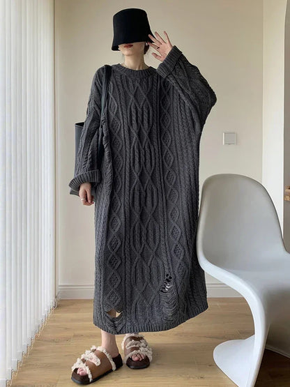 XITAO Hollow Out Loose Knitted Dress Female Comfortable Solid Color Straight O-neck Long Sleeved Pullover Fashion Dress ZZ0118