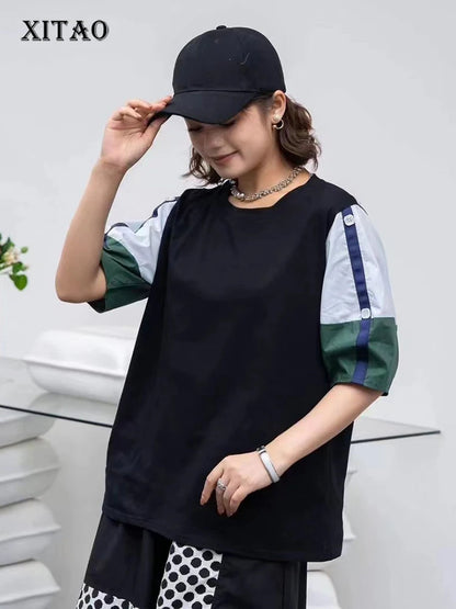 XITAO Casual T-shirt Contrast Color Short Sleeve Splicing Women Top 2024 Summer New Loose Street Trend Fashion T-shirt WLD20128