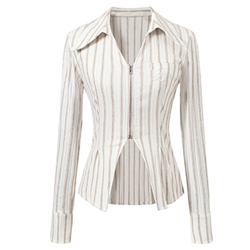 XITAO Full Sleeve Striped Shirt Turn Down Collar Slimming Personality Zippers Spring Women New All-match Shirt LYD1321