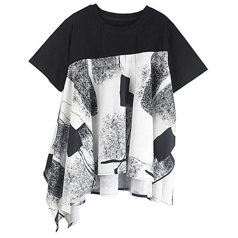 XITAO Asymmetrical Patchwork Print O-neck T-shirts Short Sleeve Pullover Loose Slimming All Match Tops 2024 Summer New ZY8743