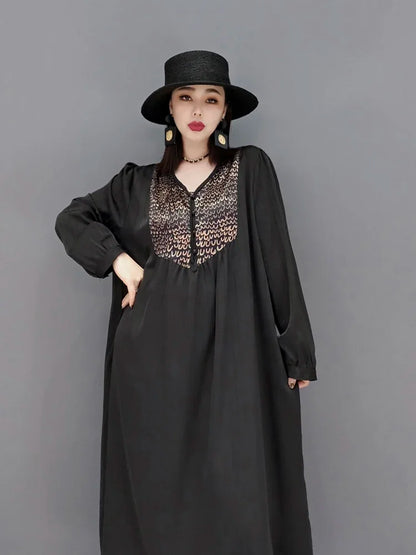 XITAO Casual Loose Dress Fashion Print Splicing V-neck Collar Pullover Long Sleeve New Women Pleated Big Hem Women WMD4965