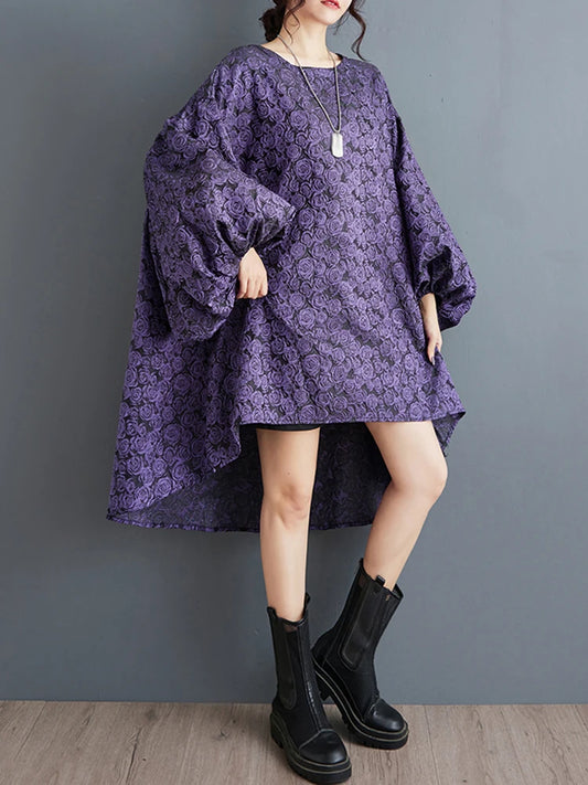 XITAO Vintage Asymmetric O-neck Dress Loose Casual Lantern Sleeve Women Autumn New Trend Irregular Floret Dress 2024 HQQ2399